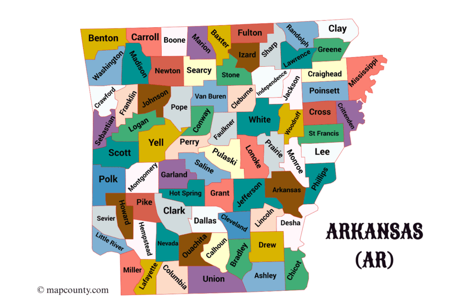 Arkansas county map showing cities and towns, with colorful county borders and a few visible city labels.