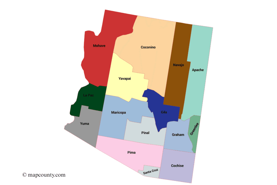 Arizona county map with cities and towns, showing colorful regions and a few visible town labels.