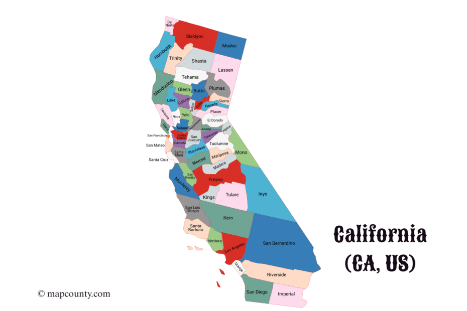Map of California counties with cities and towns, featuring colorful borders and a few coins for emphasis.