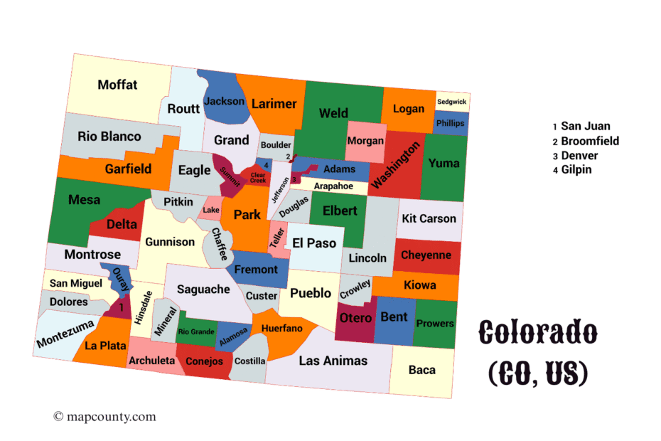 Colorful map of Colorado counties with cities marked by coins and town labels.