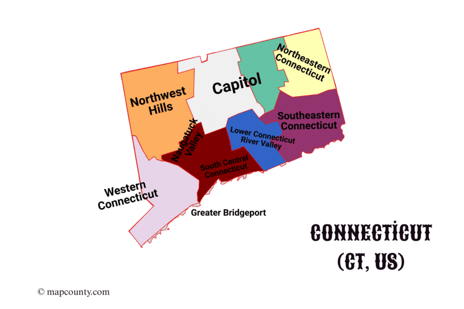 Connecticut county map with colored regions and a small town, showing city locations and boundaries.