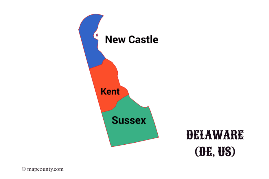 Map of Delaware County showing cities and towns, with colored labels and a small area outline.