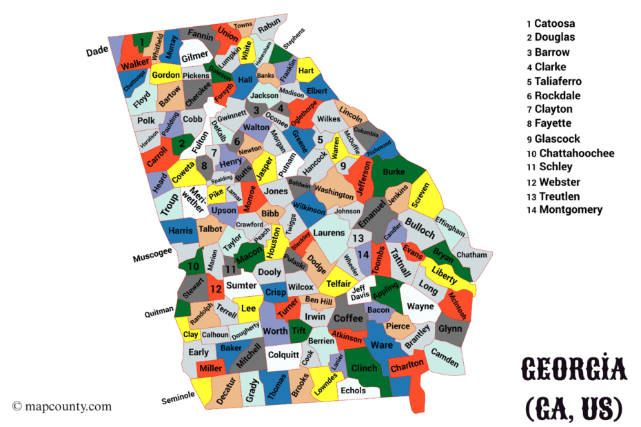 Map of Georgia counties showing cities and towns with colorful labels and a focus on the state outline.
