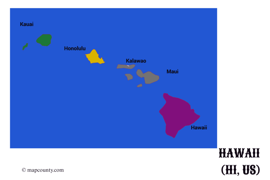 Hawaii County map shows cities and towns with a colorful layout of islands and a few coins for scale.