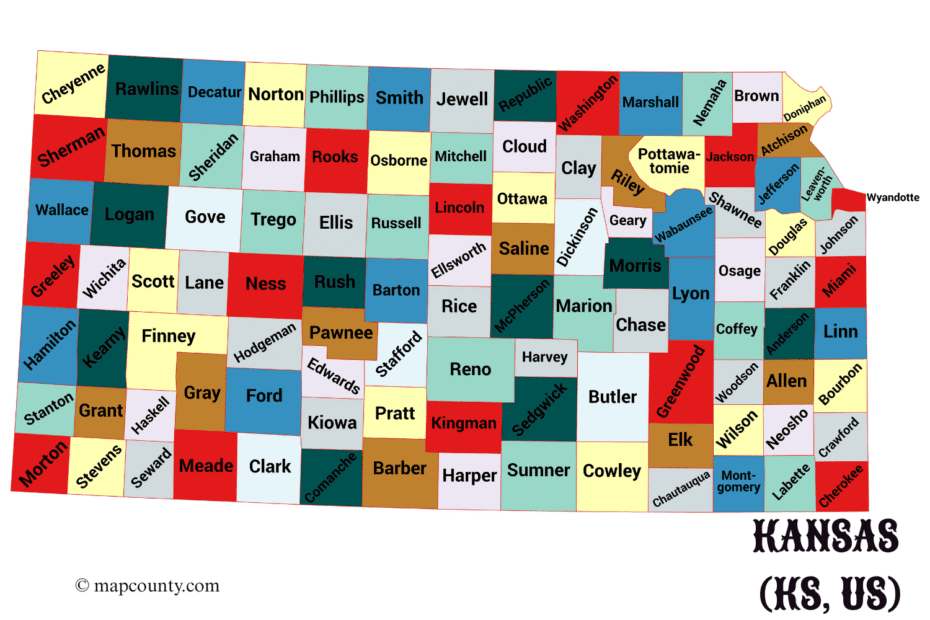 Kansas county map showing various cities and towns, including Topeka and Wichita, with colorful county divisions.