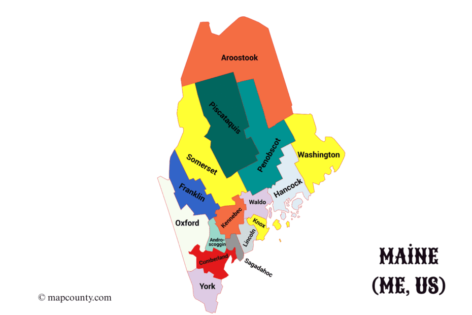 Maine county map with colorful divisions and a focus on the city of Portland on the map.