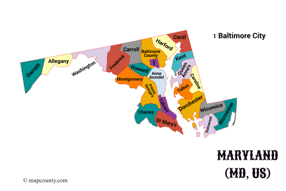 Maryland map showing cities and towns, with a focus on Baltimore and surrounding areas.