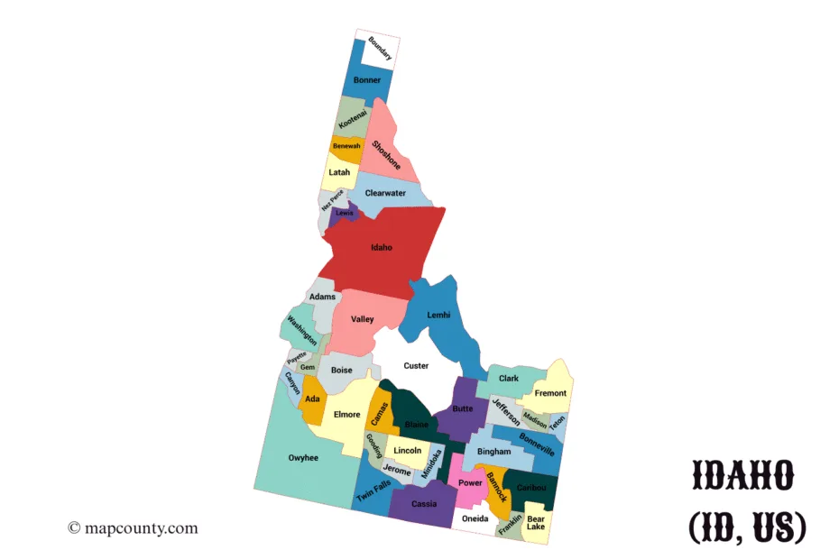 Idaho County map showing cities and towns with colorful labels and a few coins at the bottom.