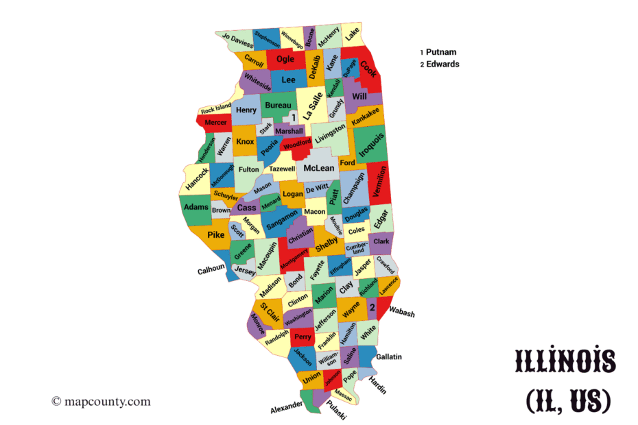 Illinois county map showing cities and towns, with a focus on the colorful state outline and county borders.