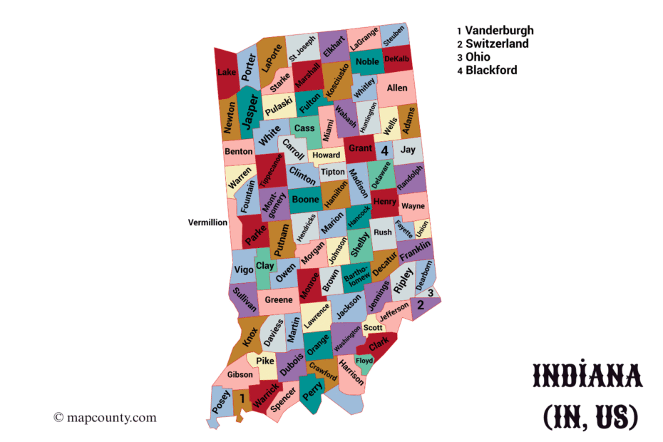 Map of Indiana showing cities and towns with colorful shapes and state borders.