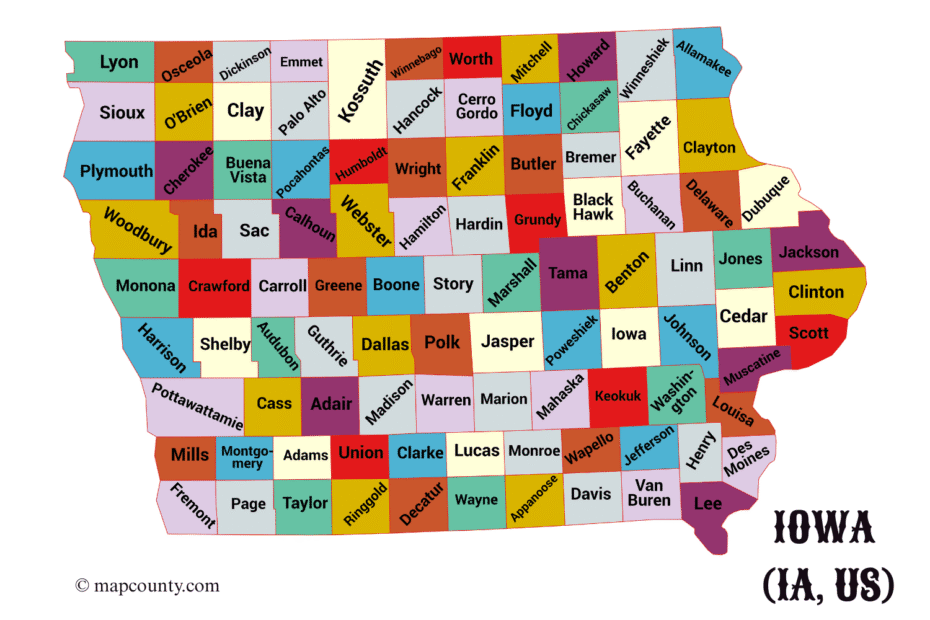 Map of Iowa counties with colorful labels, showing cities and towns with a focus on the state outline.