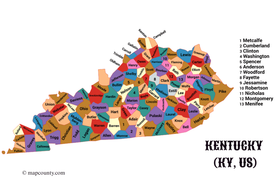 A colorful map of Kentucky with labeled counties and a few visible coins nearby.