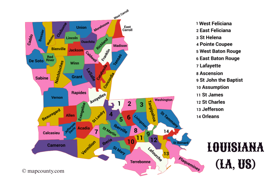 Map of Louisiana counties with city and town locations, showing colorful county divisions and a few landmarks.