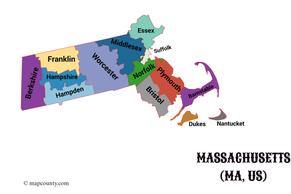 Massachusetts county map showing cities and towns, with colorful counties and a focus on state boundaries.