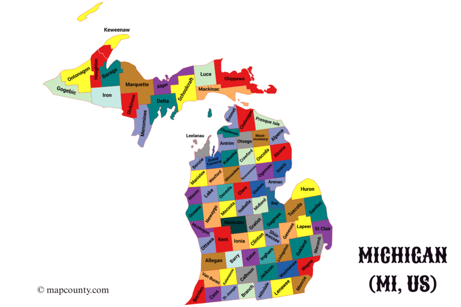Michigan county map with colorful divisions and city markers displayed alongside a stack of coins.