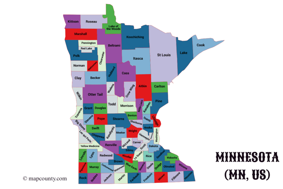 A colorful map of Minnesota showing counties, with city and town labels, and a small image of coins in the corner.