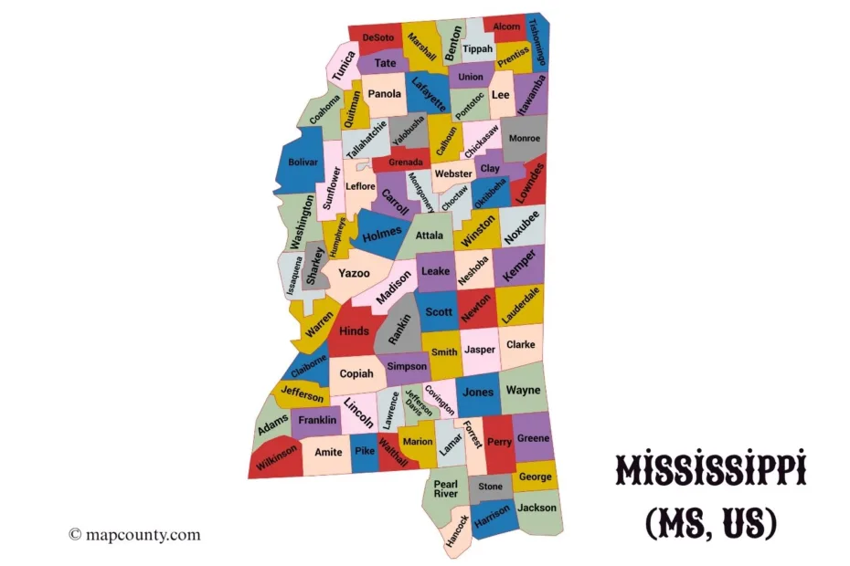 Mississippi county map with colorful coins marking cities and towns in MS, US.