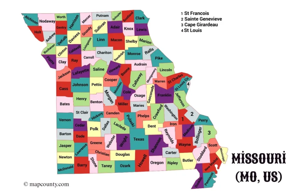 Missouri county map with colorful borders and nearby coins symbolizing local economy.