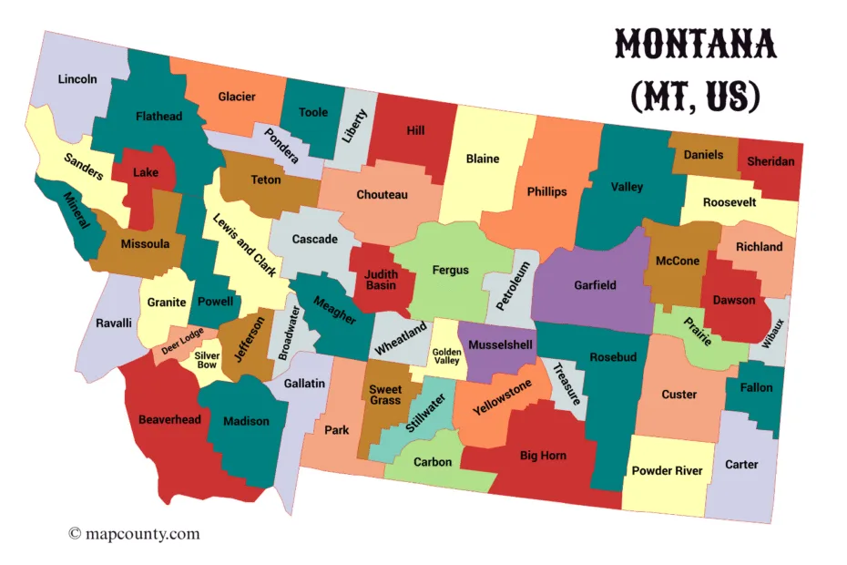 Montana county map showing city locations with colorful borders and a section of coins for scale.