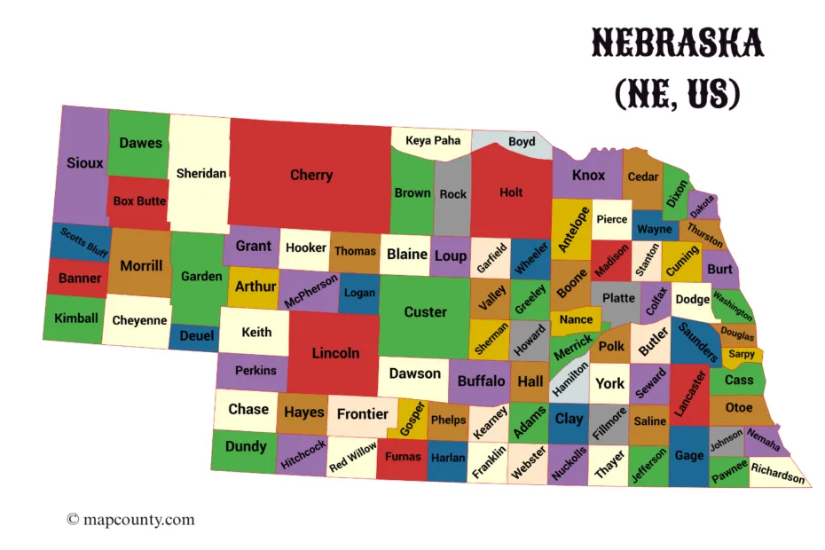 Map of Nebraska counties showing cities and towns with colorful county borders and labels.