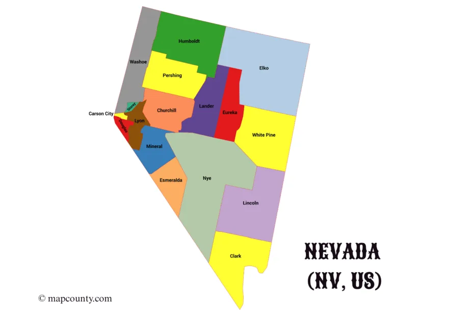 Nevada County map showing cities and towns with colorful labels and a small adjacent coin icon.