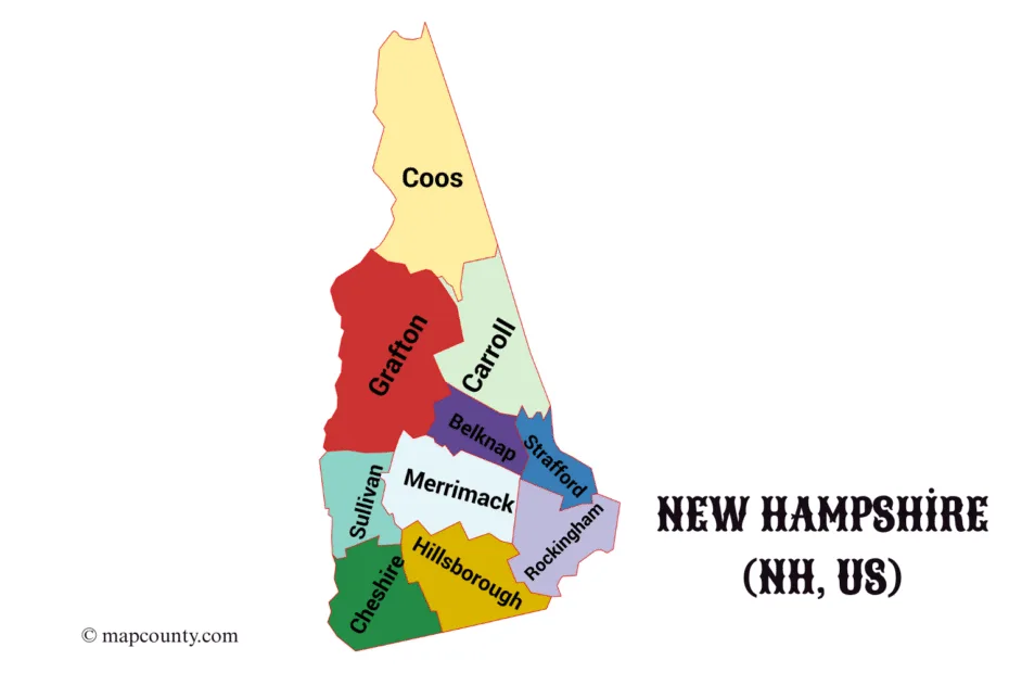 Map of New Hampshire counties showing cities and towns, with a focus on the state flag.