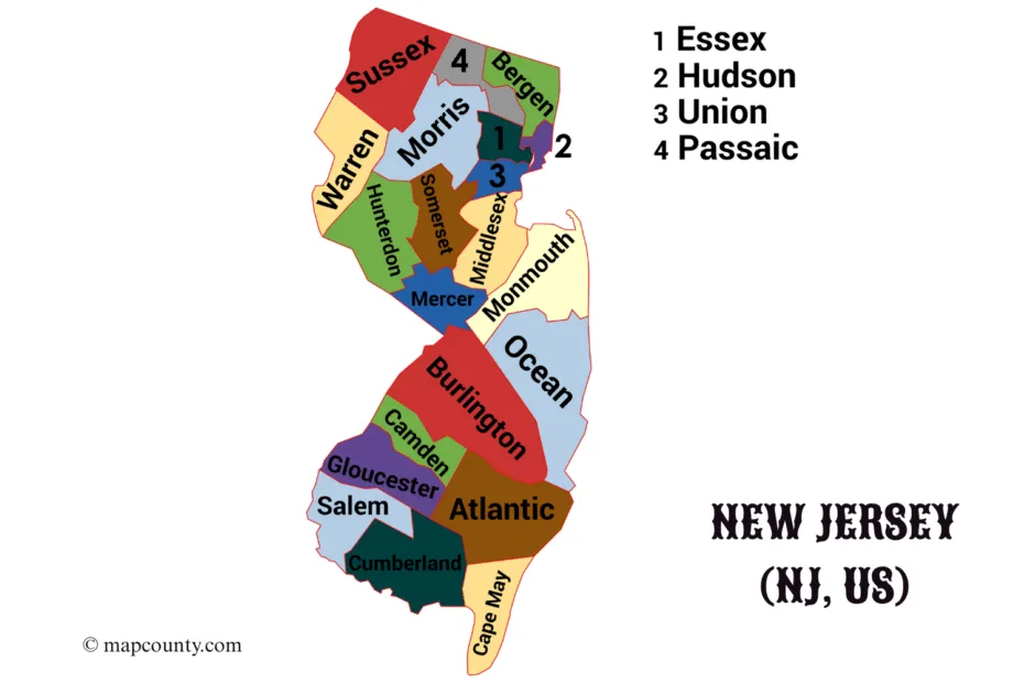 Map of New Jersey showing county locations and city names with a focus on the state outline and state flag.