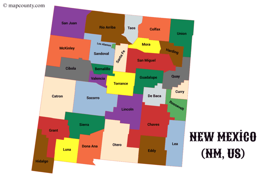 A map of New Mexico counties showing cities and towns with colorful county borders and a coin in the corner.