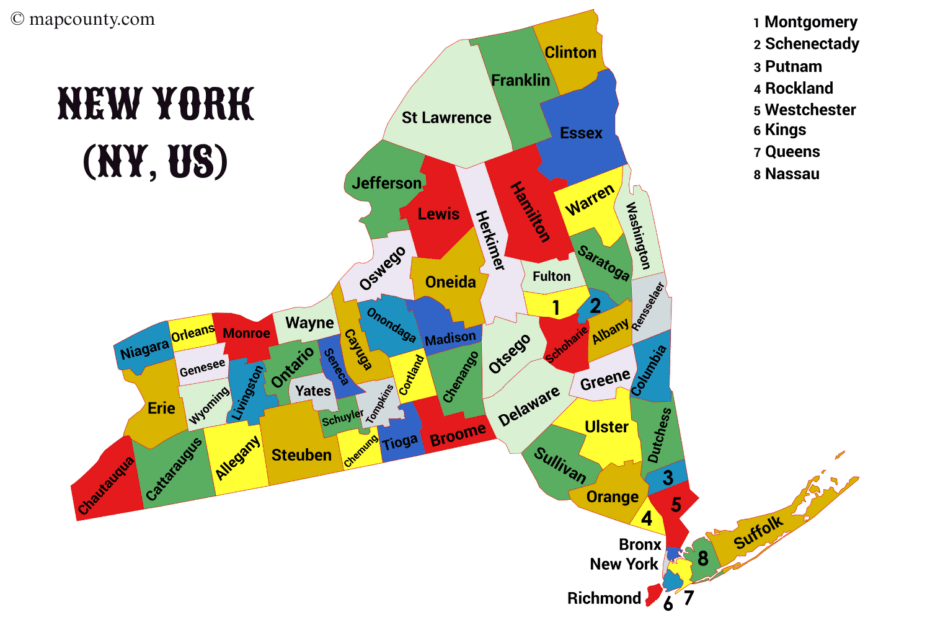 A colorful map of New York County showing cities and towns, with labels and a few visible roads.