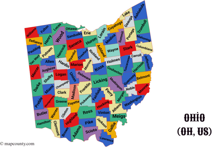 Ohio map showing various cities and towns alongside a few dollar coins for reference.
