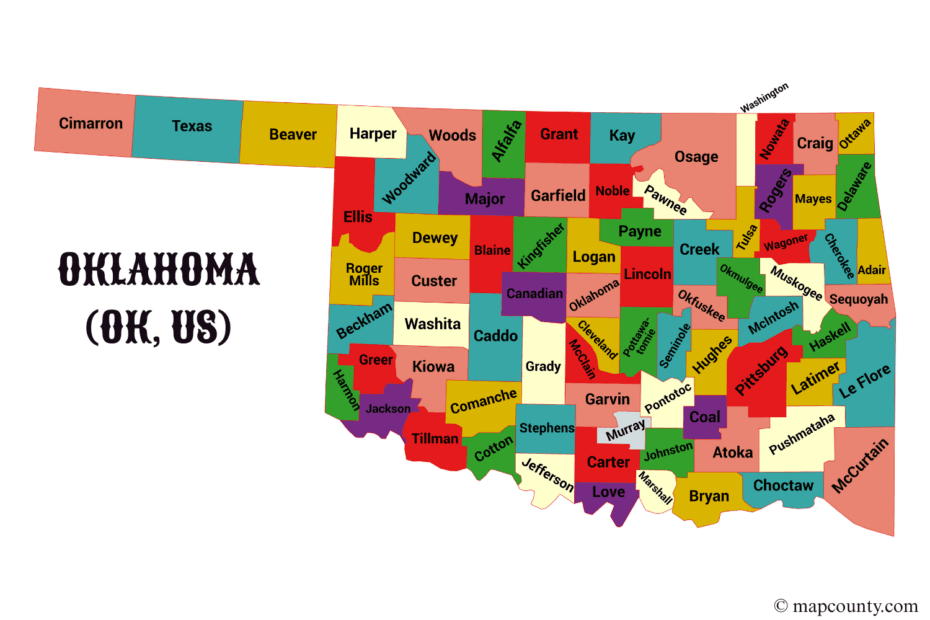 Oklahoma County map showing cities and towns with colorful county borders and a few coins near the bottom.