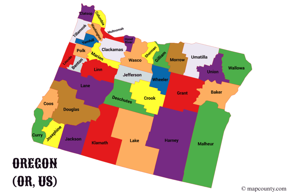 Oregon map showing counties with colorful borders and city markers, including a close-up of Oregon coins.