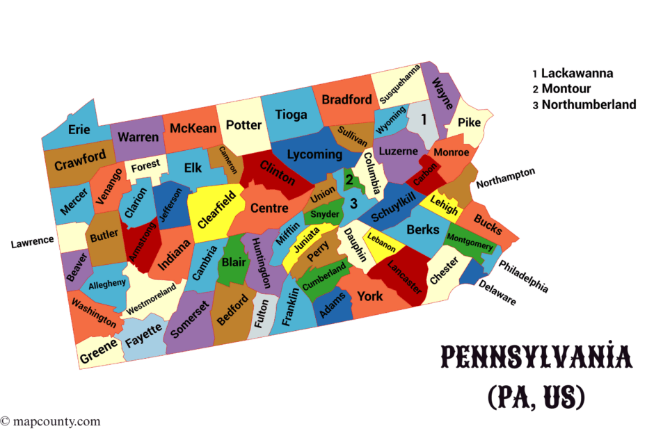 A colorful map of Pennsylvania showing counties and cities with a focus on the state flag and town names.