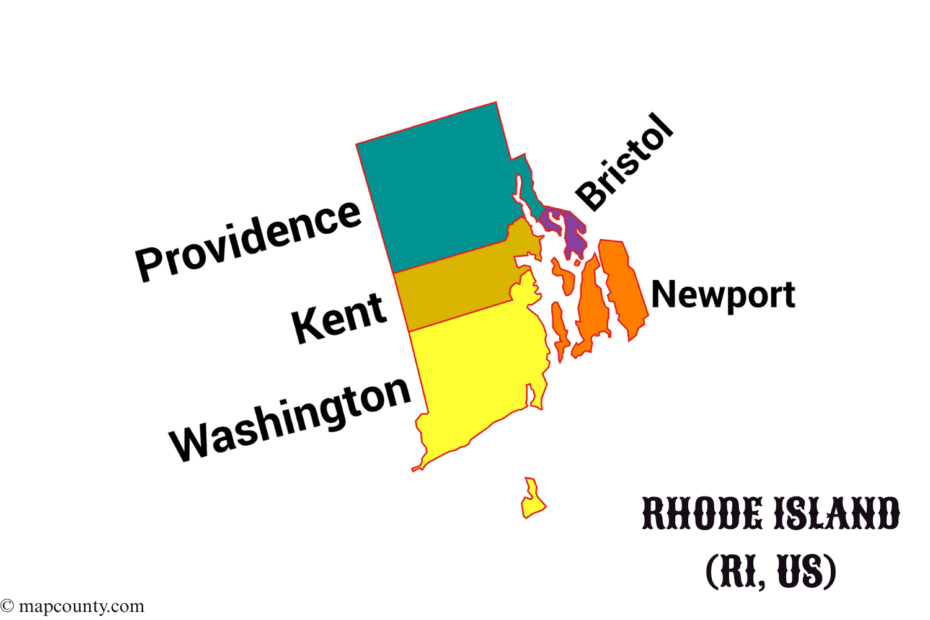 Map of Rhode Island showing counties and main cities with colorful labels and a small pile of coins.