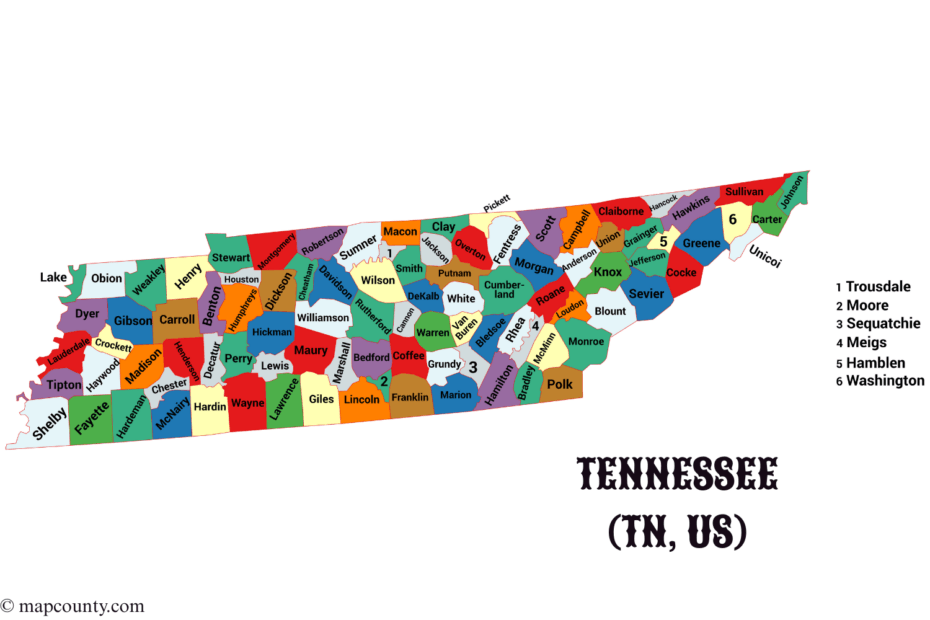 Tennessee map showing counties with city and town labels alongside a flag in the background.