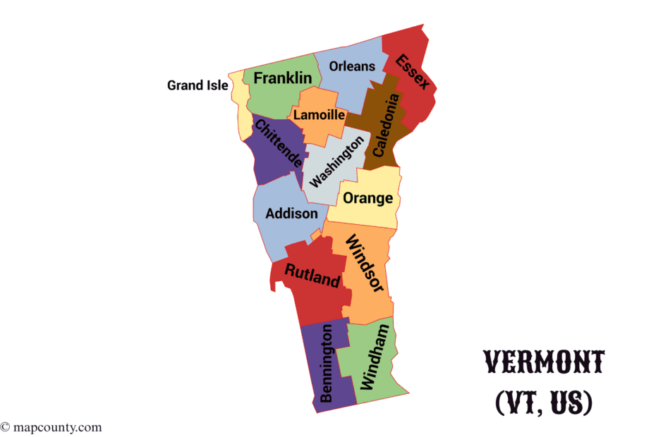 Vermont map with colorful county divisions and a small town map icon in the corner.