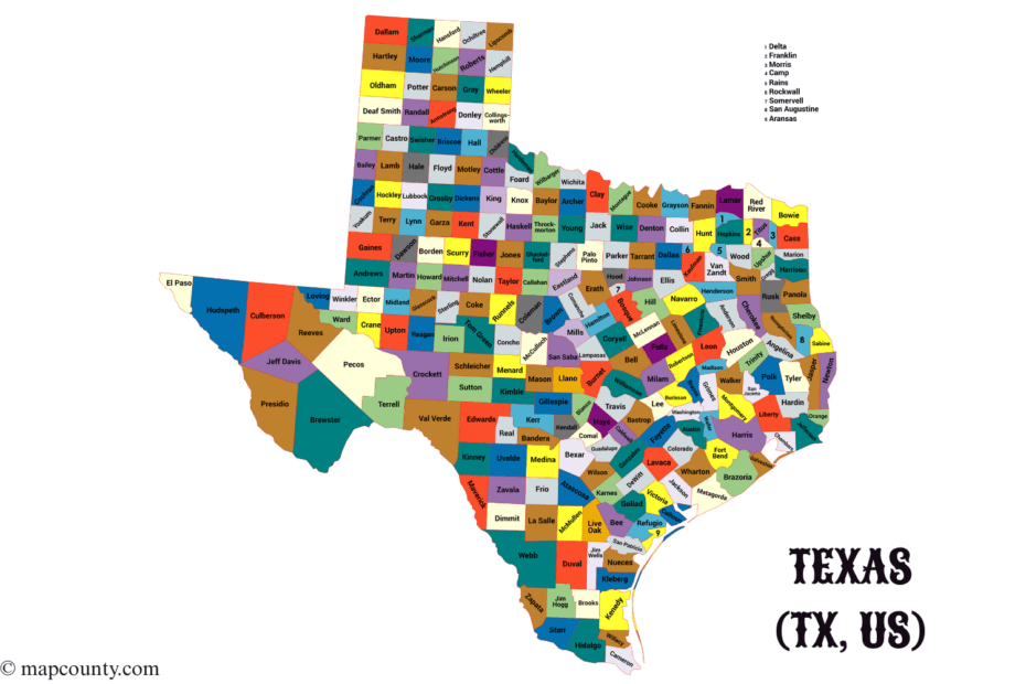 Texas county map showing cities and towns with colorful county borders and some coin icons.