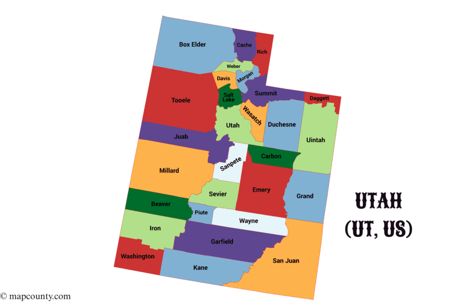 Map of Utah County showing city locations, with colorful labels and a few coins in the corner.