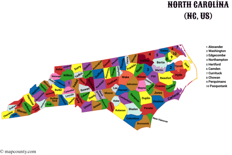 A colorful map of North Carolina with city and town labels along with a few coins scattered on the state.