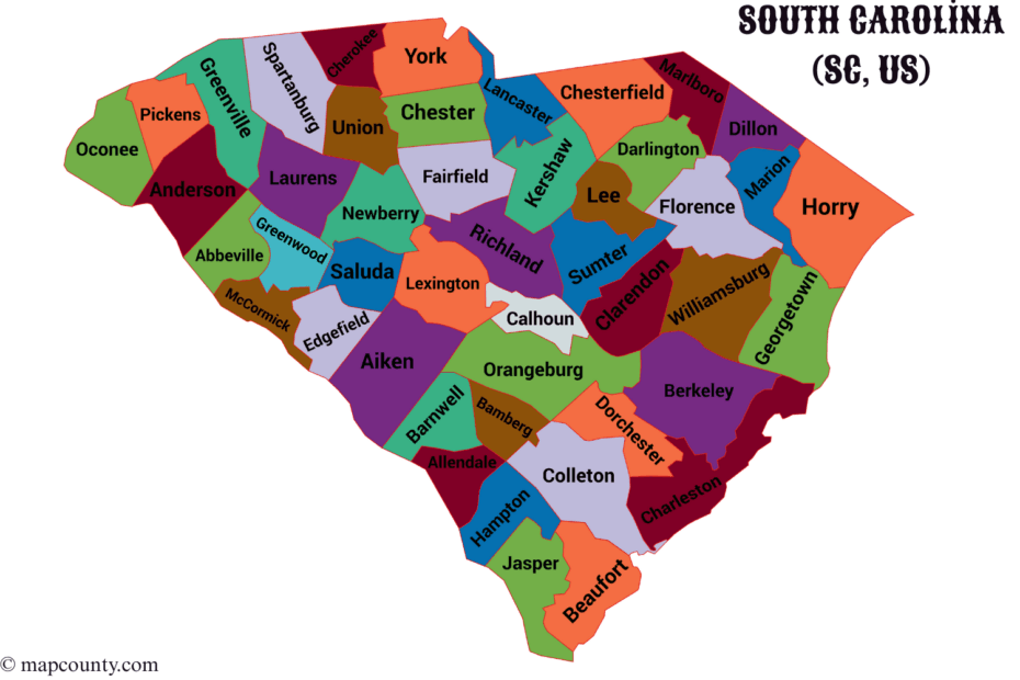 Map of South Carolina with colored counties and a few city labels, along with a few coins in the corner.