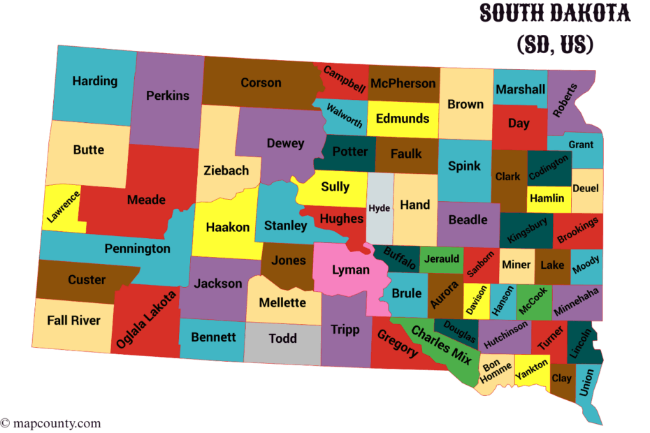 A colorful map of South Dakota showing counties and their main cities, including Sioux Falls and Rapid City.