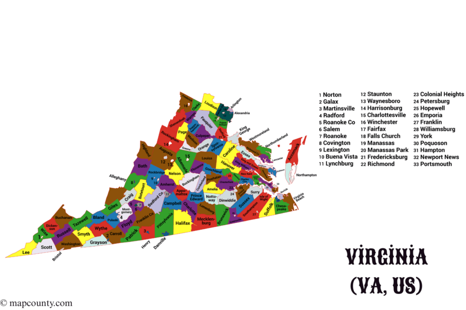 Virginia map showing colorful counties and nearby coins representing local economy.