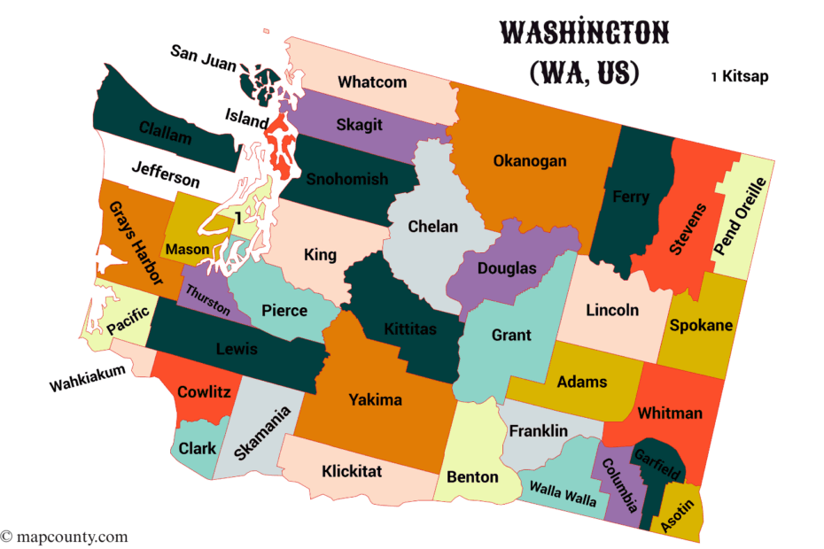 Map of Washington County showing cities and towns with colorful labels and a map key.