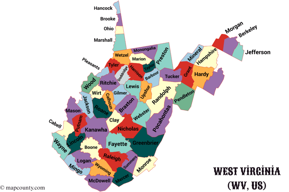 Map of West Virginia with cities and towns, featuring colorful county boundaries and a focus on state geography.