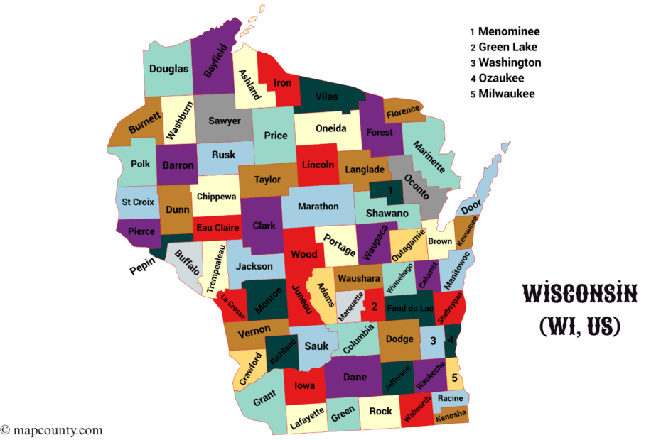 A colorful map of Wisconsin showing counties and city locations, with a focus on the state outline and population centers.