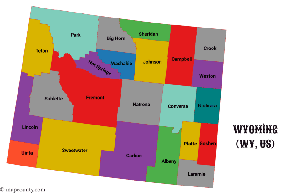 Wyoming County map shows various cities and towns, featuring a green state outline and colorful county divisions.